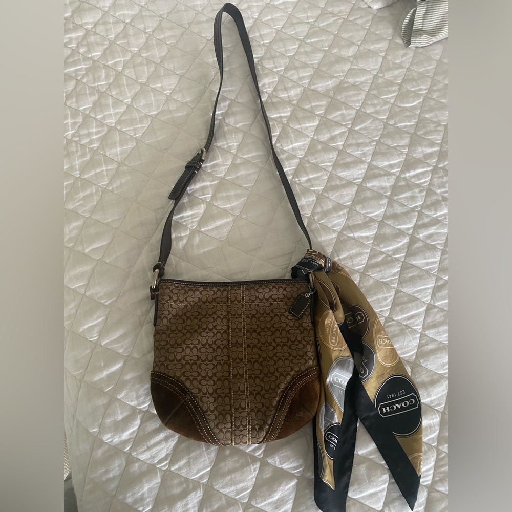 Vintage Coach crossbody classic C pattern with Coach scarf.